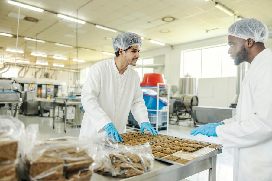 food-factory-workers-sterile-uniforms-collecting-fresh-biscuits-putting-them-into-bags_232070-24590